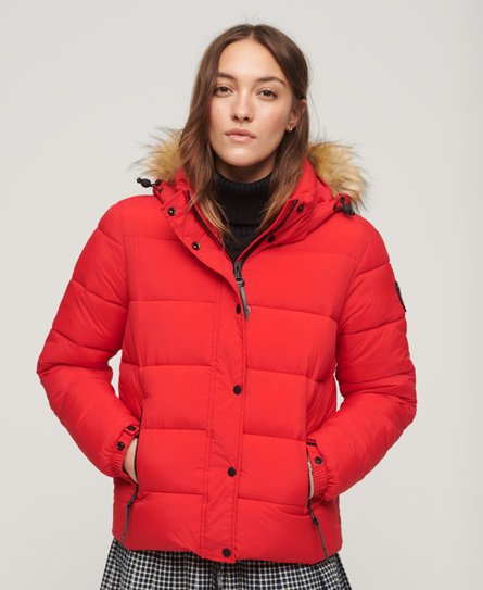Superdry Women’s Faux Fur Short Hooded Puffer Jacket Red / High Risk Red - Size: 8