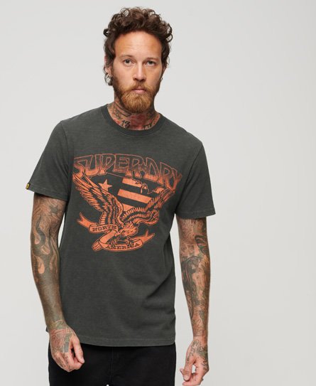 Superdry - men's herren schwarz und orange t-shirt im 70er-jahre-stil mit lo-fi-grafikband, größe: s - größe: s