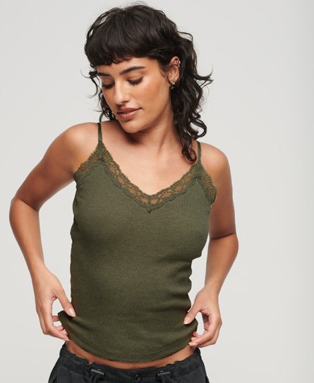 Superdry Women’s Organic Cotton Essential Rib Lace Cami Top Green / Dusty Olive Green Marl - Size: M/L