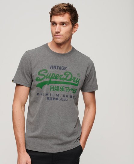 Superdry Men’s Classic Logo Print Vintage Premium Goods T Shirt, Dark Grey and Green, Size: S