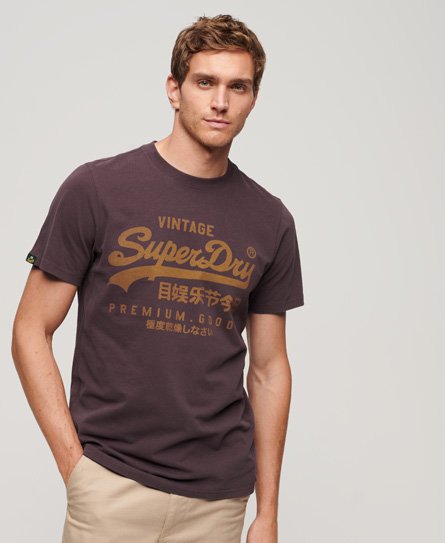 Superdry Men's Classic Logo Print Vintage Premium Goods T Shirt, Red and Brown