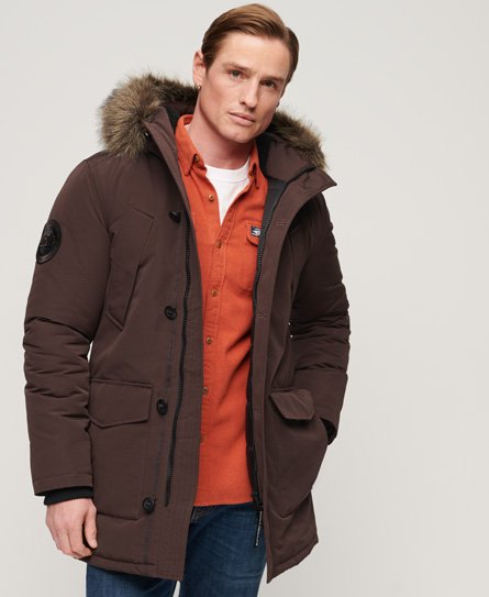 Superdry Men’s Mens Classic Embroidered Badge Everest Faux Fur Hooded Parka Coat, Brown, Size: XL