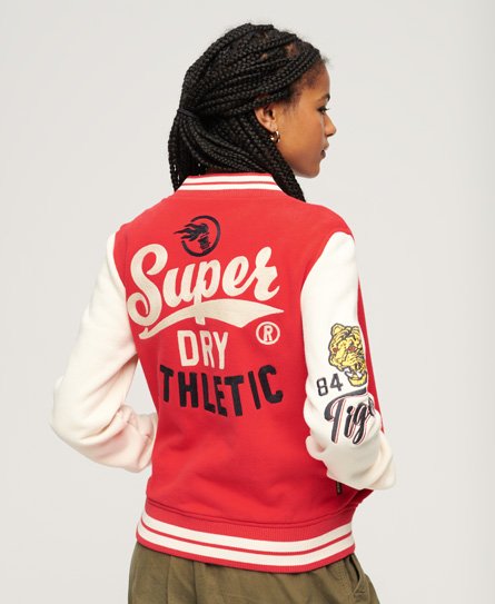 Superdry Women’s Lightweight Embroidered College Scripted Jersey Bomber Jacket, Red, White and Yellow, Size: 14