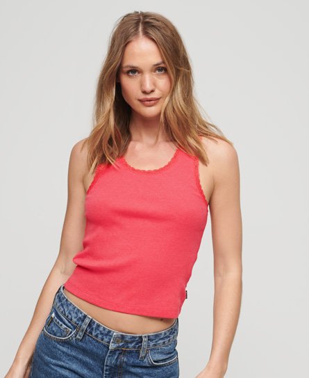 Superdry Women’s Organic Cotton Vintage Lace Trim Vest Top, Pink, Size: XS/S