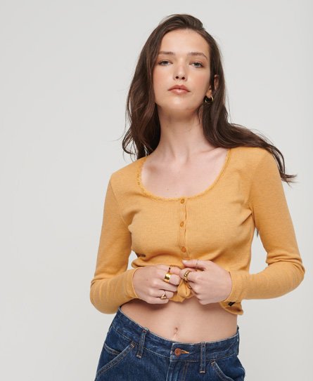 Superdry Women’s Ribbed Long Sleeve Henley Top Yellow / Ochre Yellow Marl - Size: S/M