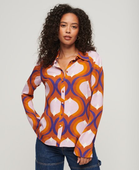 Superdry Women’s 70s Print Long Sleeve Shirt Brown / Tan Brown Ribbon - Size: 6