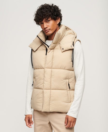 Superdry Mens Classic Quilted Hooded Ripstop Puffer Gilet, Beige, Size: XXL