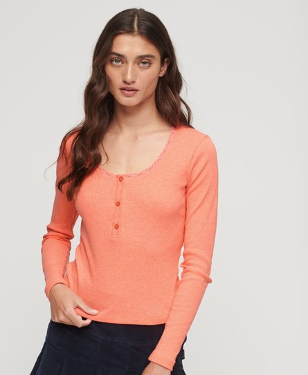 Superdry Women’s Ribbed Long Sleeve Henley Top Cream / Pastelline Coral - Size: M/L