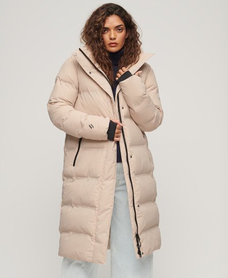 Superdry Women’s Hooded Longline Puffer Coat Beige / Chateau Gray - Size: 14