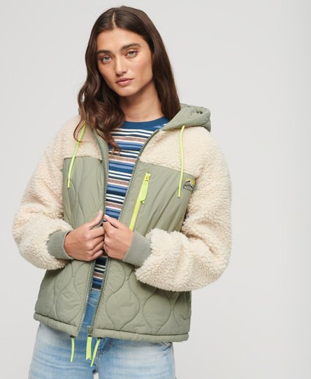 Superdry Women’s Classic Quilted Sherpa Hybrid Jacket, Khaki and Cream, Size: 16