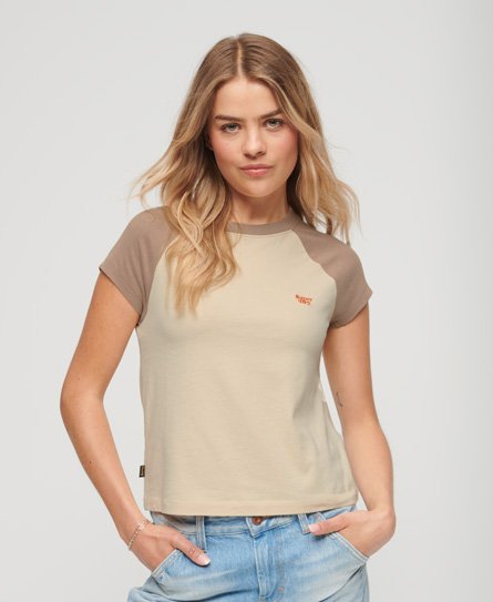 Superdry Women’s Classic Colour Block Organic Cotton Essential Logo Raglan T-Shirt, Cream and Beige, Size: 16