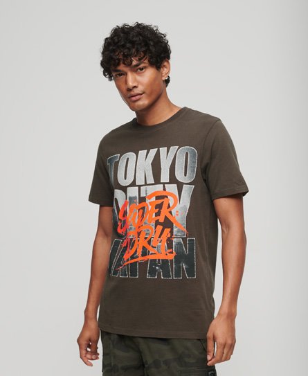 Superdry Men’s Classic Graphic Print Photographic Skate Logo T-Shirt, Dark Grey and Orange, Size: XL