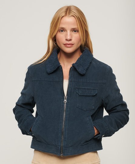 Superdry Women’s Classic Cropped Sherpa Lined Cord Jacket, Navy Blue, Size: 8