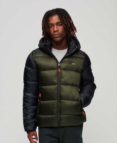Superdry Men’s Lightweight Colour Block Hooded Sports Puffer Jacket, Khaki and Navy Blue, Size: L