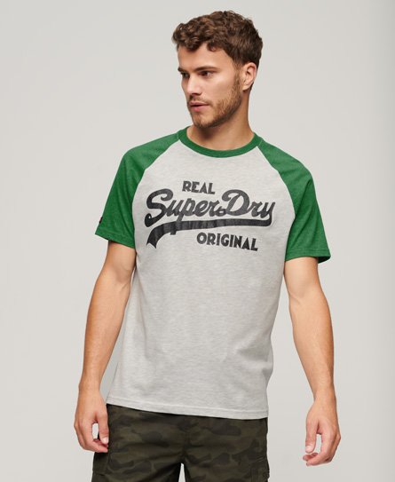 Superdry Men’s Classic Logo Print Athletic Vintage Raglan T-Shirt, Grey and Green, Size: XL