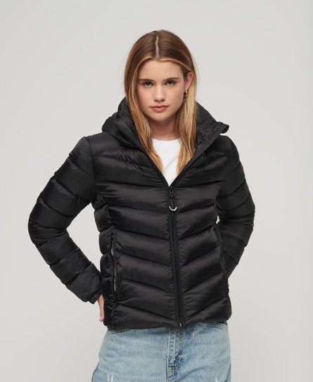 Superdry Women’s Women’s Logo Embroidered Hooded Fuji Padded Jacket, Black, Size: 12