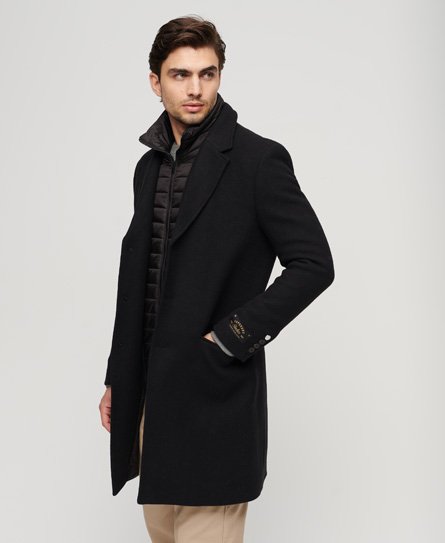 Superdry Men’s 2 In 1 Wool Overcoat Black - Size: Xxxl
