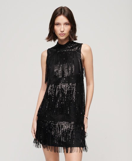 Superdry Women’s Women’s Classic Sequin Embellished Fringe A Line Mini Dress, Black, Size: 12