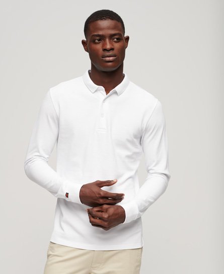 Superdry Mens Classic Long Sleeve Cotton Pique Polo Shirt, White, Size: XXXL