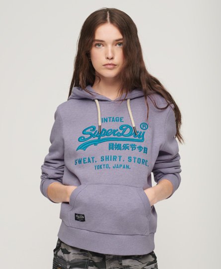 Superdry Women’s Classic Embroidered Neon Vintage Logo Hoodie, Purple, Size: 10