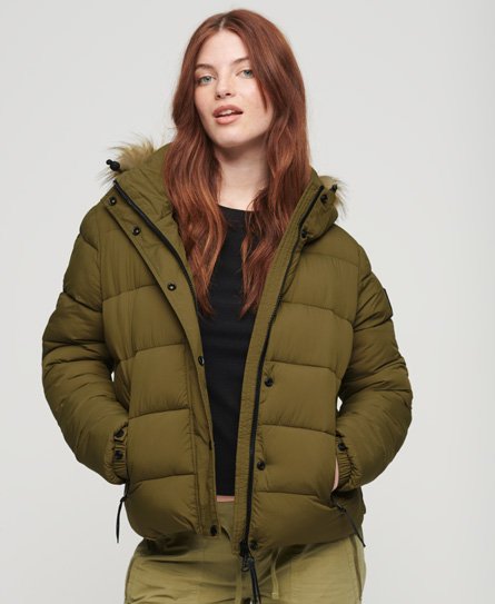 Superdry Women’s Faux Fur Short Hooded Puffer Jacket Khaki / Camouflage Khaki - Size: 14