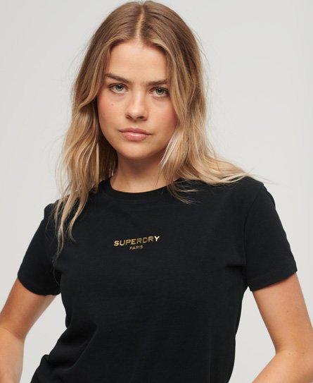 Superdry Women’s Sport Luxe Logo Fitted Cropped T-Shirt Black / Black/gold - Size: 10