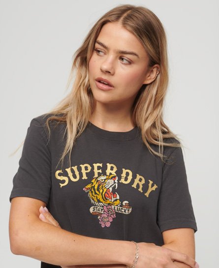 Superdry Women’s Custom Embellshed T Shirt Brown / Bison Black - Size: 10