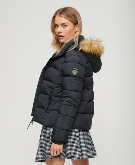 Superdry Women’s Faux Fur Short Hooded Puffer Jacket Navy / Eclipse Navy - Size: 16