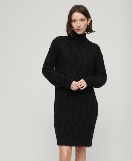 Superdry Women’s Women’s Loose Fit Cable Knit Mock Neck Jumper Dress, Black, Size: 16