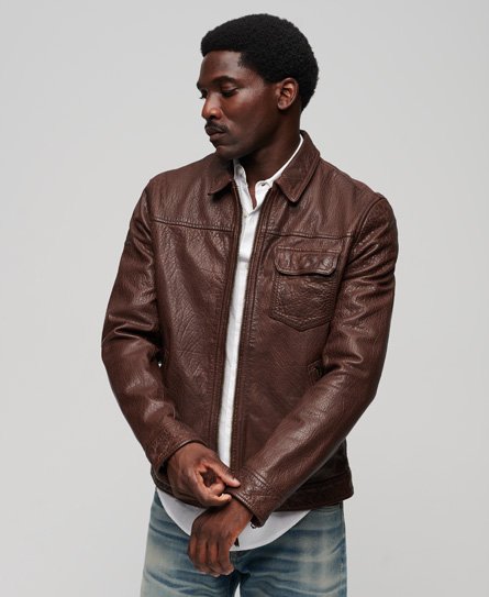 Superdry Men’s 70s Leather Jacket Brown - Size: S