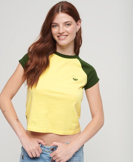 Superdry Women’s Organic Cotton Essential Logo Raglan T-Shirt Yellow / Pale Lemon/Army Green - Size: 14