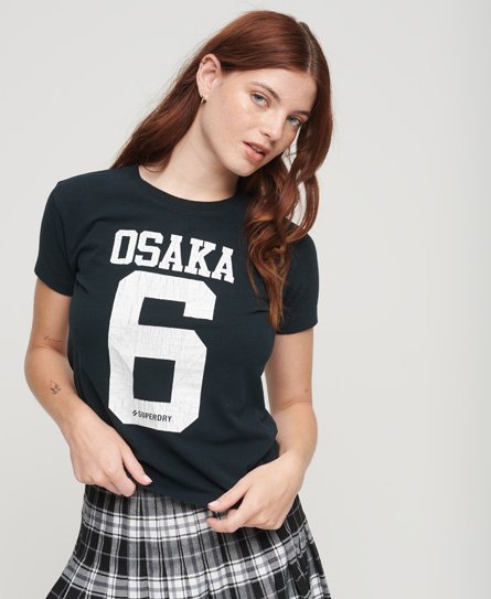 Superdry Vrouwen Aansluitend Osaka T-shirt met Print en Korte Mouw Blauw