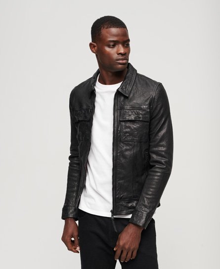 Superdry Men’s Mens Classic Seventies Leather Jacket, Black, Size: M