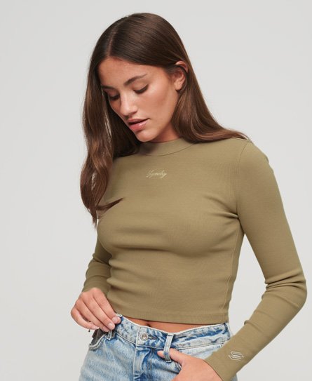 Ribbed Long Sleeve Embroidered Crop Top