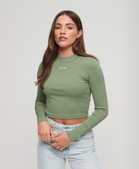 Superdry Women’s Ribbed Long Sleeve Embroidered Crop Top Green / Light Jade Green - Size: 12