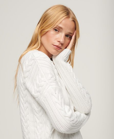 Superdry Women’s Dropped Shoulder Cable Crew Jumper White / Winter White - Size: 8
