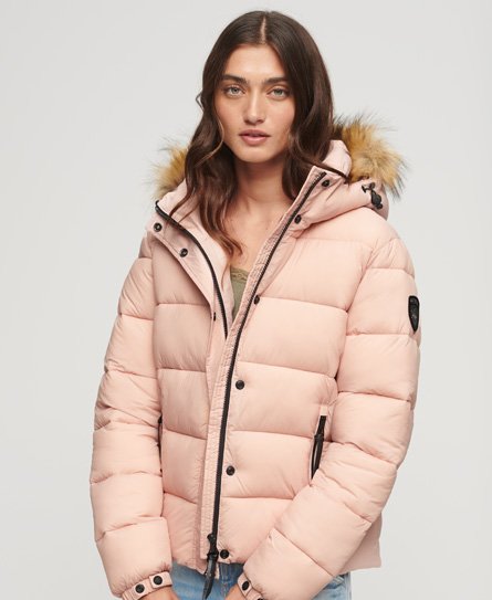Superdry Women’s Faux Fur Short Hooded Puffer Jacket Pink / Pink Blush - Size: 10