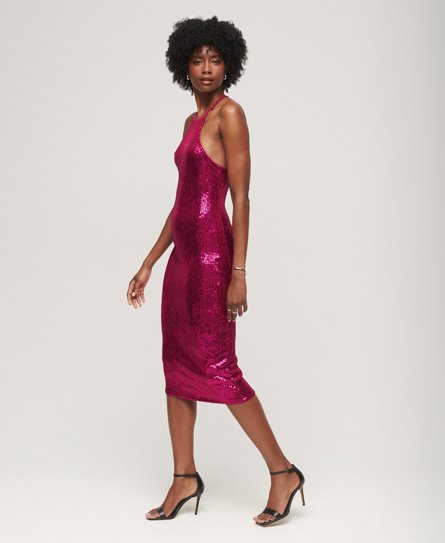 Superdry Women’s Sequin Halter Neck Midi Dress Pink / Magenta Pink Sequin - Size: 14