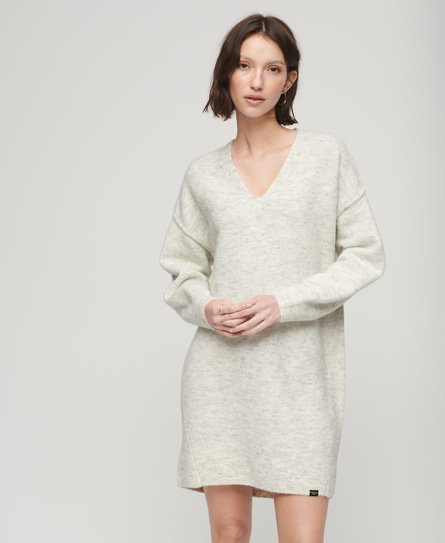Superdry Women’s V Neck Knit Jumper Dress Light Grey / Glacier Grey Marl - Size: 12