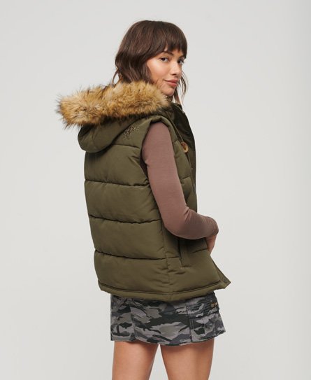 Superdry Women’s Everest Faux Fur Puffer Gilet Green / Military Olive - Size: 14
