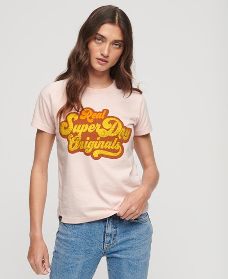 Superdry Women’s 70s Script Metallic Logo T-Shirt Pink / Somon Pink Marl - Size: 6