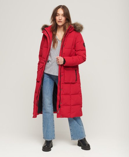 Superdry Women’s Women’s Fully Lined Quilted Everest Longline Puffer Coat, Red, Size: 8