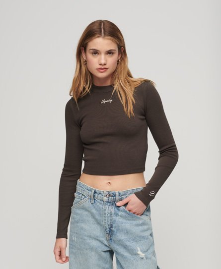 Superdry Women’s Ribbed Long Sleeve Embroidered Crop Top Brown / Dark Oak Brown - Size: 10