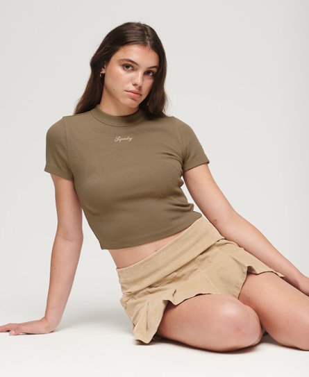 Women’s Organic Cotton Embroidered Cropped T-Shirt Brown / Fossil Brown - Size: 14 -Superdry