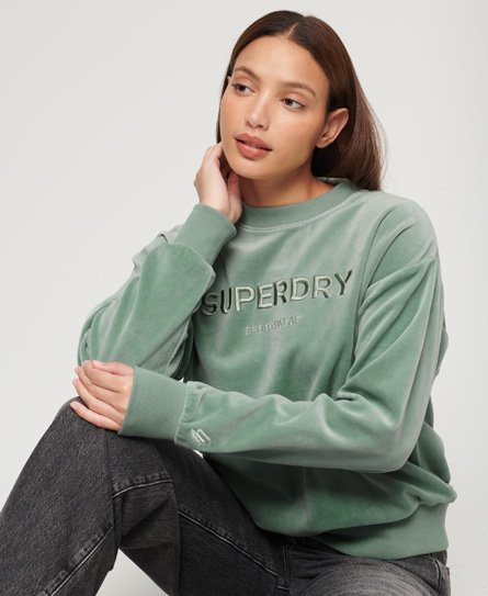 Superdry Women’s Velour Graphic Boxy Crew Sweatshirt Green / Light Jade Green - Size: 8