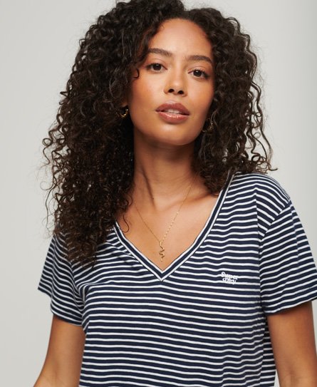 Superdry Women’s Slub Embroidered V-Neck T-Shirt Navy / Eclipse Navy And Optc Stripe - Size: 8