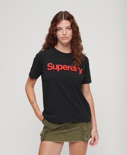 Superdry Dames T-Shirt À Logo Fluo Core, Noir et Rouge,