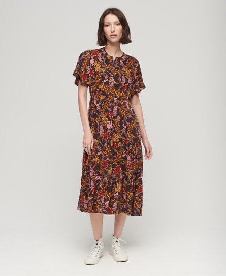 Superdry Women’s Women’s Loose Fit Floral Print Printed Short Sleeve Tiered Midi Dress, Brown, Size: 10