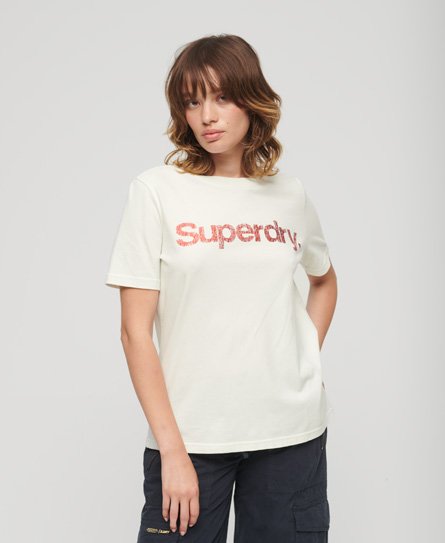 Superdry Damen Weiß Core Logo T-Shirt in Metallic-Optik, Größe: 36