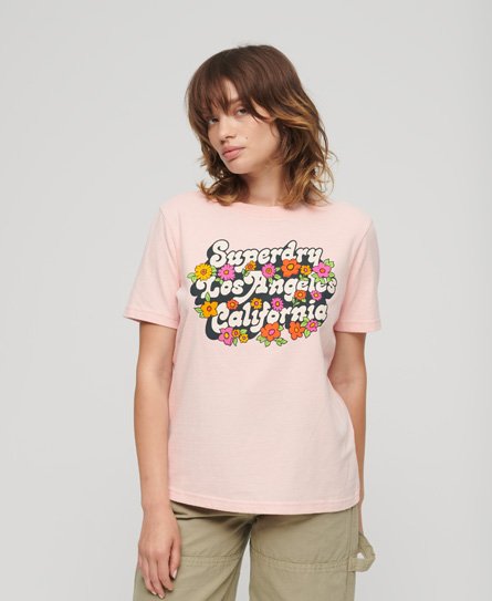 Superdry Women’s 70’s Floral Script Logo T-Shirt Pink / Somon Pink Marl - Size: 12